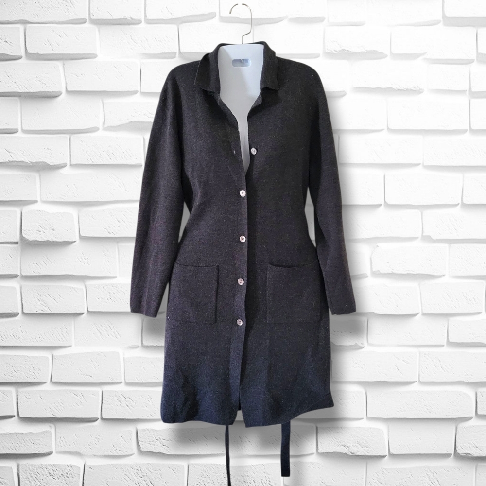 Sarah Spencer | Dark Gray Button Down Self-Tie Merino Wool Duster Cardigan